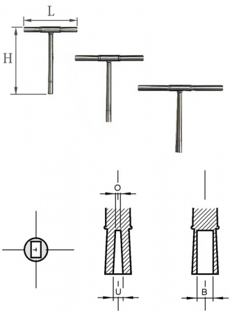 Tuning key with iron grip, T-lever Rectangular hole for wrestpins with flat head