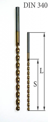 Spiral drill for wrestpins, long, DIN 340, TLP, tin-coat